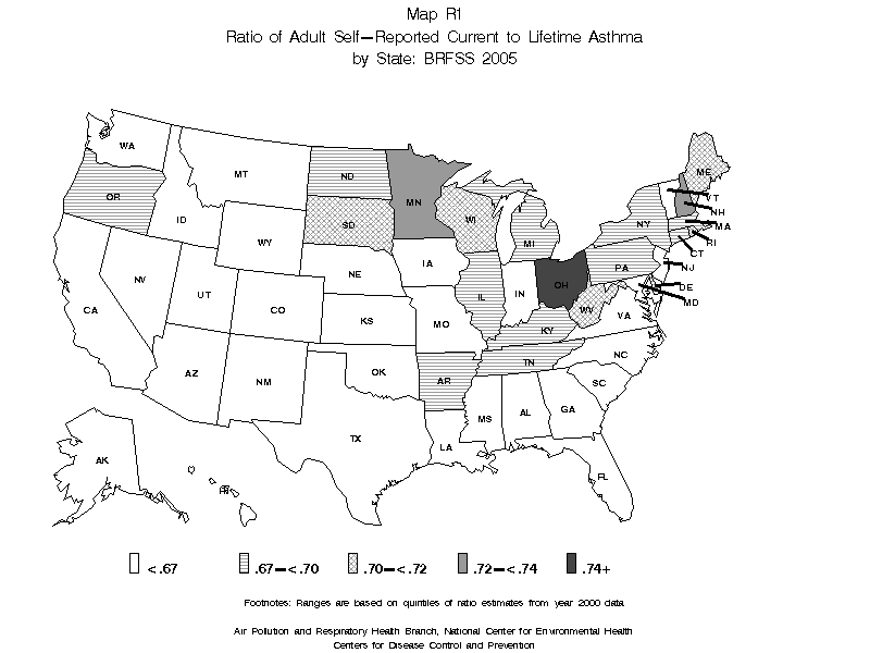 Map R1 (black and white) - Ratio of Adult Self-Reported Current to Lifetime Asthma by State: BRFSS 2005