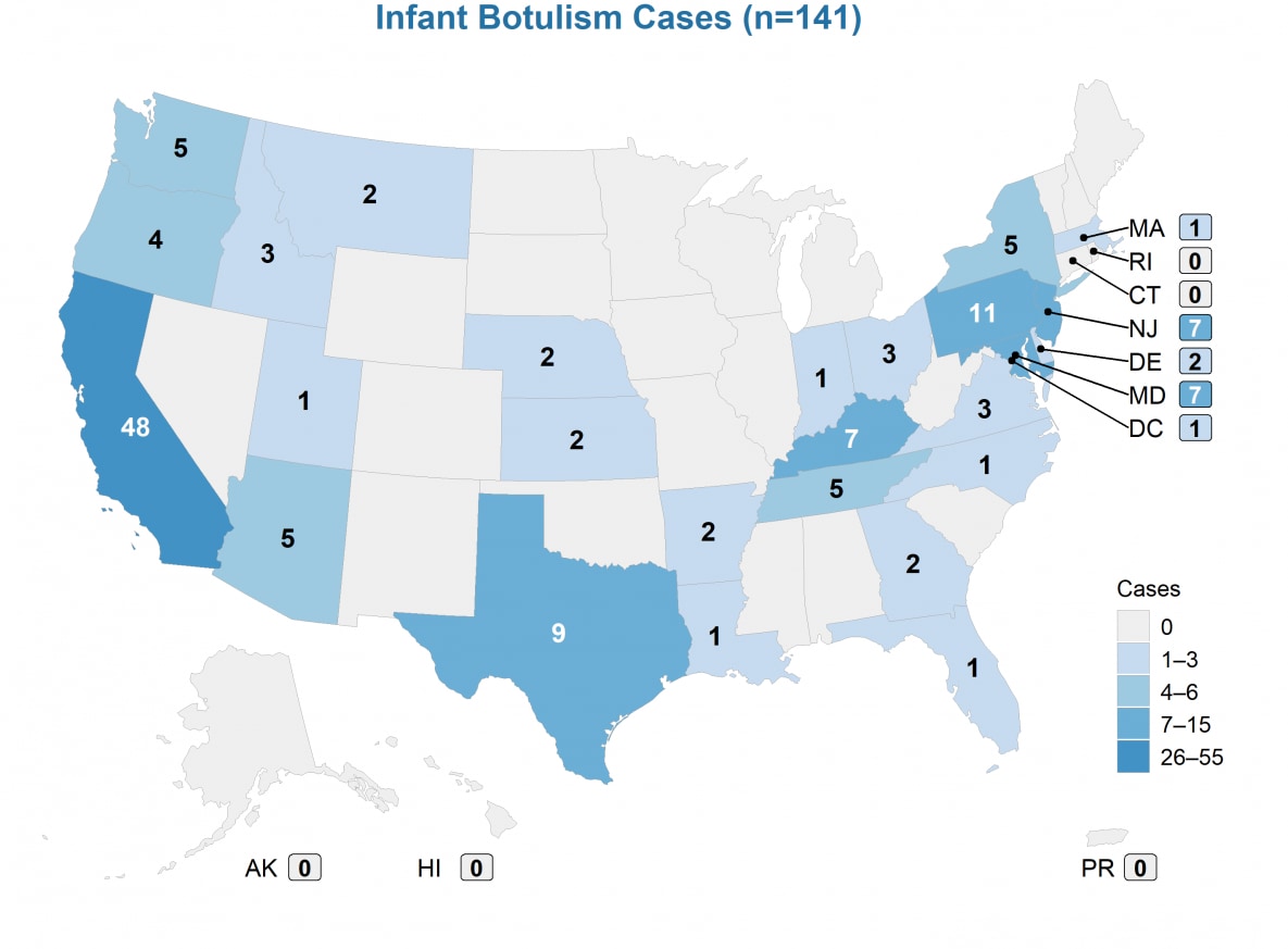 Infant Botulism Cases (n=141). Infant botulism cases were reported from 26 states and the District of Columbia, with California reporting the most (n=48; 34%26#37;).