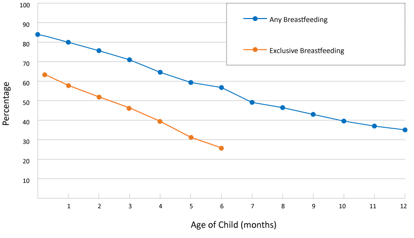 Rates of Any and Exclusive Breastfeeding by Age Among Children Born in 2018, National Immunization Survey, United States