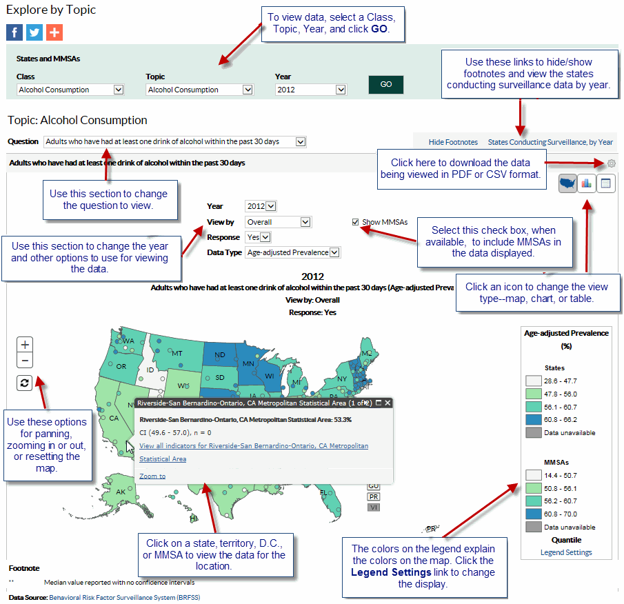 Screenshot of the BRFSS Prevalence and Trends Data Explore by Topic page. Instructions are included for each section of the page. To view data, select a Class, Topic, Year, and click Go at the top of the page. Click the gear icon to download the data being viewed in PDF or CSV format. Click one of the view type icons to view a map, chart, or table. Use the View by dropdown to select from options available for viewing the data. Select the Show MMSAs checkbox to include MMSAs in the data displayed. Click on a state or MMSA on the map to view the data for the selected location. The colors on the legend explain the colors on the map. Click the Legend Settings link to change the display.