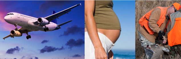 Banner featuring an airplane, pregnant woman, and a hunter.