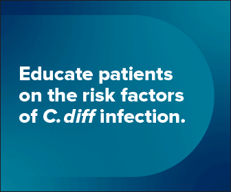 An animated GIF image reminding healthcare professionals to educate their patients on the risk factors for C. diff infection.