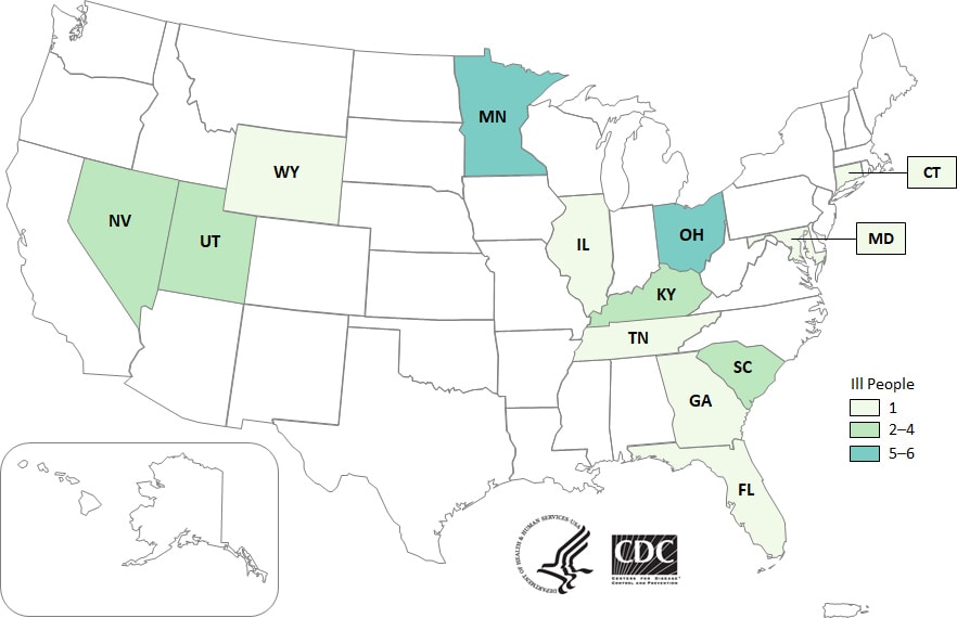 Map of United States - People infected with the outbreak strains, by state of residence, as of December 11, 2019
