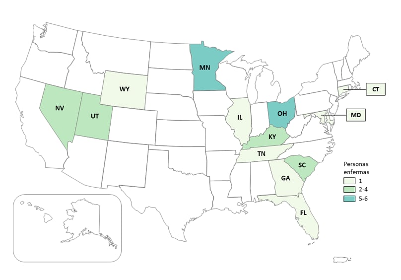 Mapa de Estados Unidos - Personas infectadas con las cepas del brote, por estado de residencia, al 11 de diciembre de 2019