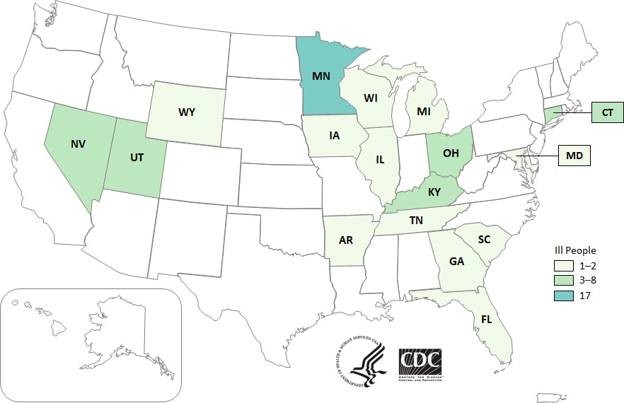 Map of United States - People infected with the outbreak strains, by state of residence, as of March 31, 2021