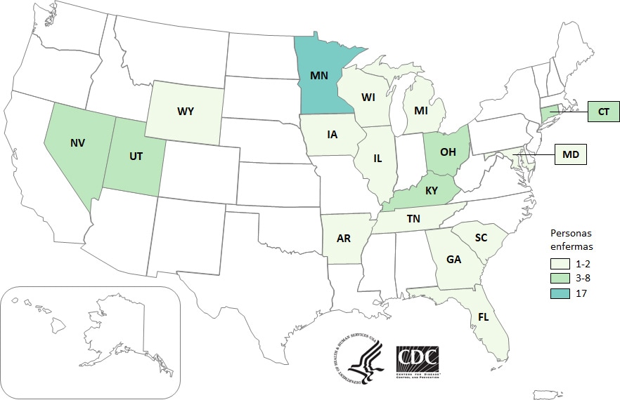 Mapa de Estados Unidos - Personas infectadas con las cepas del brote, por estado de residencia, al 1 de marzo del 2021