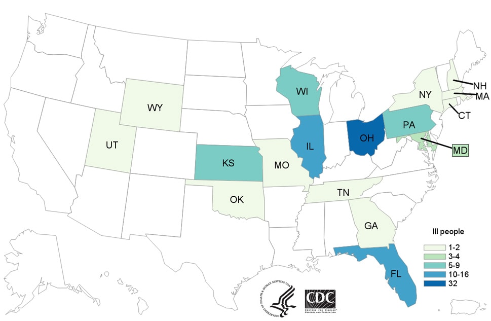 People Campylobacter infection linked to pet store puppies, by state of residence, as of December 12, 2017