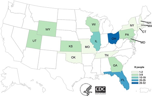 People with confirmed or probable Campylobacter infection linked to puppies, by state of residence.