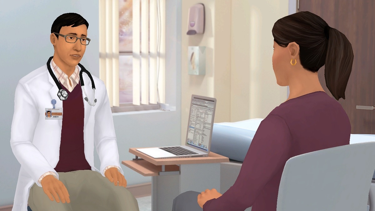 Image from training simulation. Doctor talking to cancer patient.