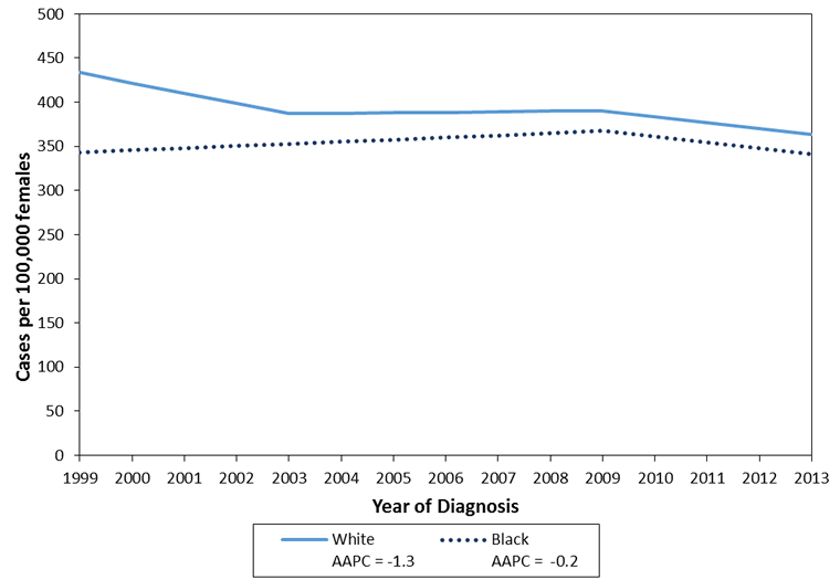 This chart illustrates trends in invasive female breast cancer incidence for women 80 years old and older by race and year of diagnosis in the United States from 1999 to 2013. The A.A.P.C. for white women was -1.3, and the A.A.P.C. for black women was -0.2.