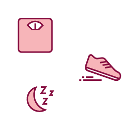 Image of a weight, a crescent moon with z's, and a running shoe.