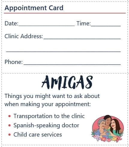 Example of an appointment card for AMIGAS