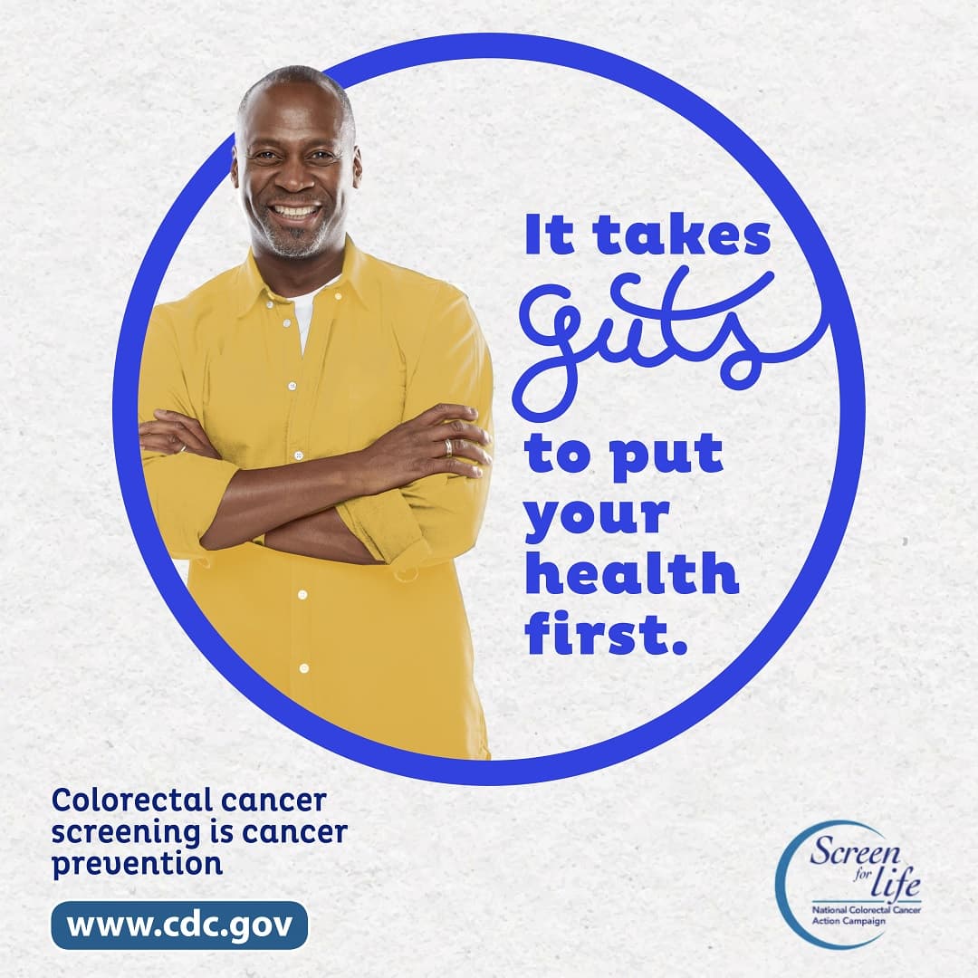 A man standing up next to the phrase "It takes guts to put your health first." Colorectal cancer screening is cancer prevention. www.cdc.gov. Screen for Life.