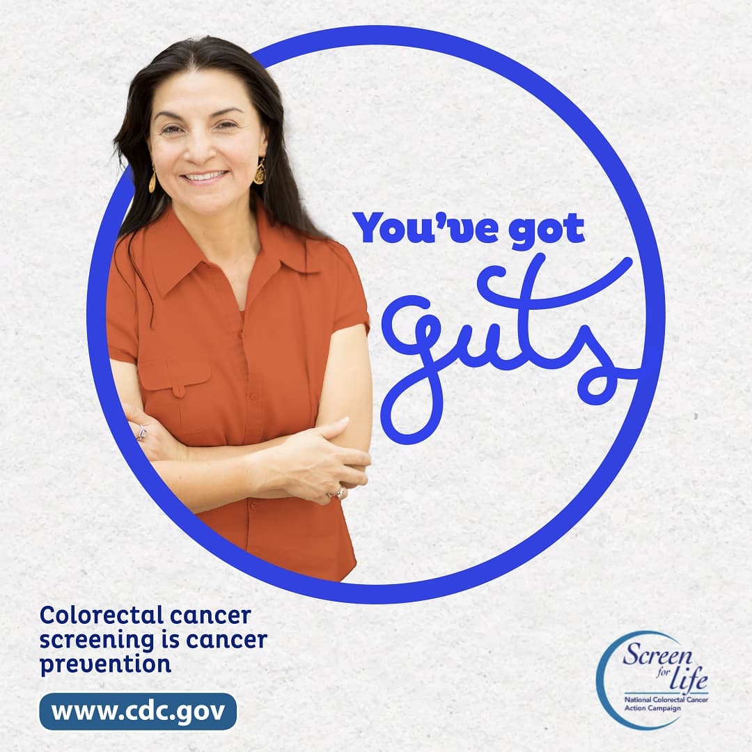 A woman standing up next to the phrase "You’ve got guts." Colorectal cancer screening is cancer prevention. www.cdc.gov. Screen for Life.