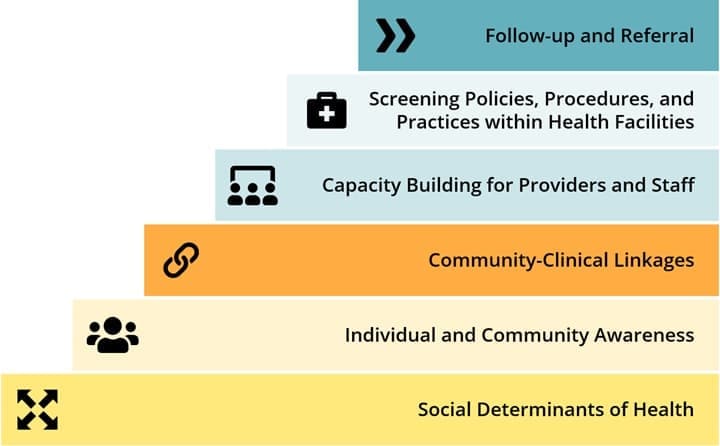 The 6 focus areas: Social Determinants of Health; Individual and Community Awareness; Community-Clinical Linkages; Capacity Building for Providers and Staff; Screening Policies, Procedures, and Practices within Health Facilities; and Follow-up and Referral.