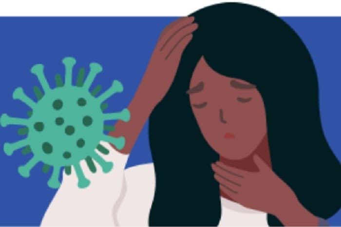 Imagen de una mujer tocando su cabeza y garganta con virus flotando a su alrededor