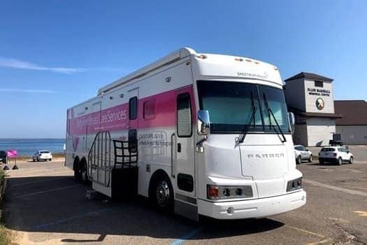 Mobile mammogram van at the event outside the Bay Mills Health Center, in Bay Mills, Michigan.