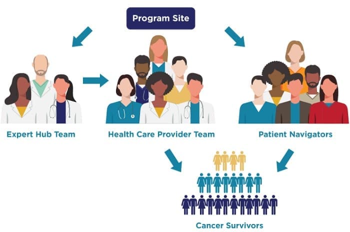 The components of Project ECHO and Patient Navigation Workflow: Program Site; Expert Hub Team; Health Care Provider Team; Patient Navigators; and Cancer Survivors
