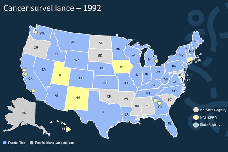 NPCR Cancer Surveillance map in 1992. All states except Alaska, Oregon, North Dakota, South Dakota, Oklahoma, Arkansas, Mississippi, Alabama, South Carolina, and Maryland have cancer registries.