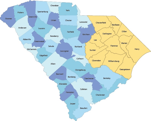 Map of South Carolina with the counties in the Pee Dee region highlighted
