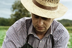 Foto de un trabajador de campo con sombrero y camisa de manga larga.
