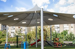 Photo of a school playground with shaded structures.