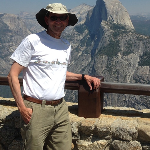 Bob wearing his wide-brimmed hat while checking out Half Dome in Yosemite National Park.