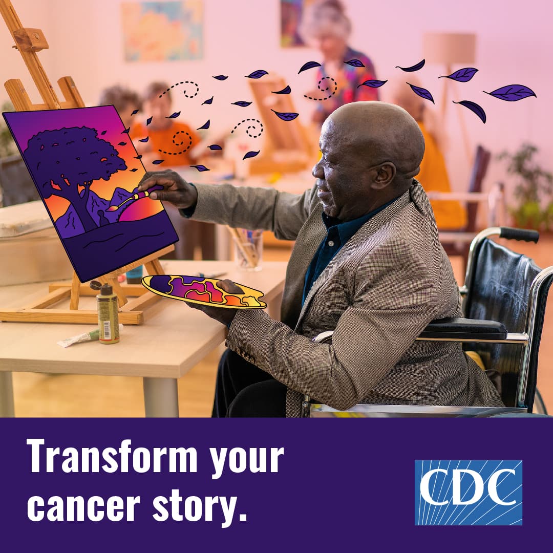An older man paints at an easel. The text below reads “Transform your cancer story.”