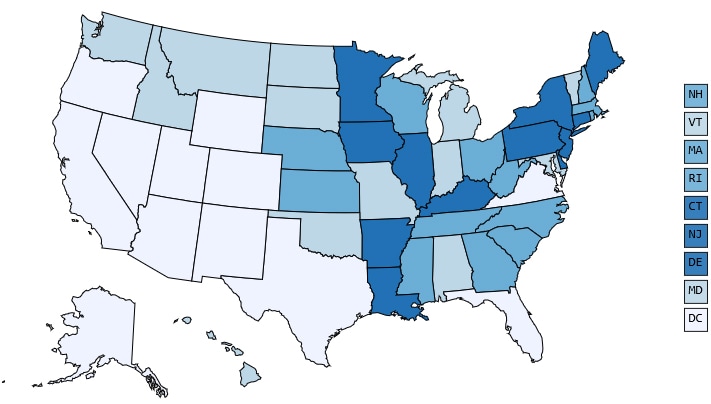 Screenshot of a map of the United States on the U.S. Cancer Statistics Data Visualizations Tool.