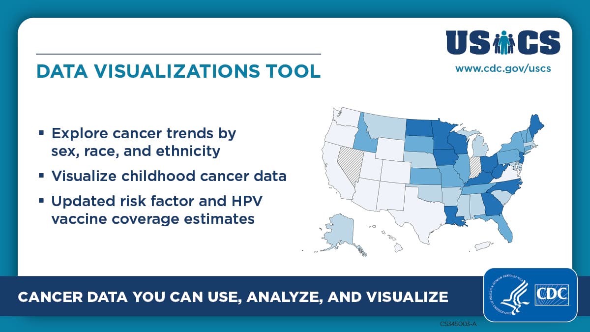 USCS. www dot cdc dot gov forward slash uscs. Data Visualizations Tool. Explore cancer trends by sex, race and ethnicity. Visualize childhood cancer data. Updated risk factor and HPV vaccine coverage estimates. Cancer data you can use, analyze, and visualize. Map of the United States with Alaska, Hawaii, and Puerto Rico. Department of Health and Human Services. Centers for Disease Control and Prevention.