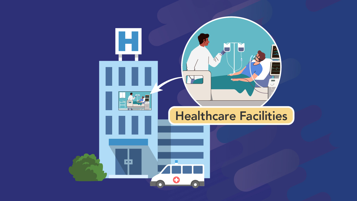 Hospital with a pop out image of a patient in a hospital bed with [provider adjusting IV.