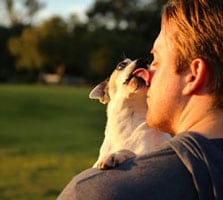 image of a dog licking his owners face