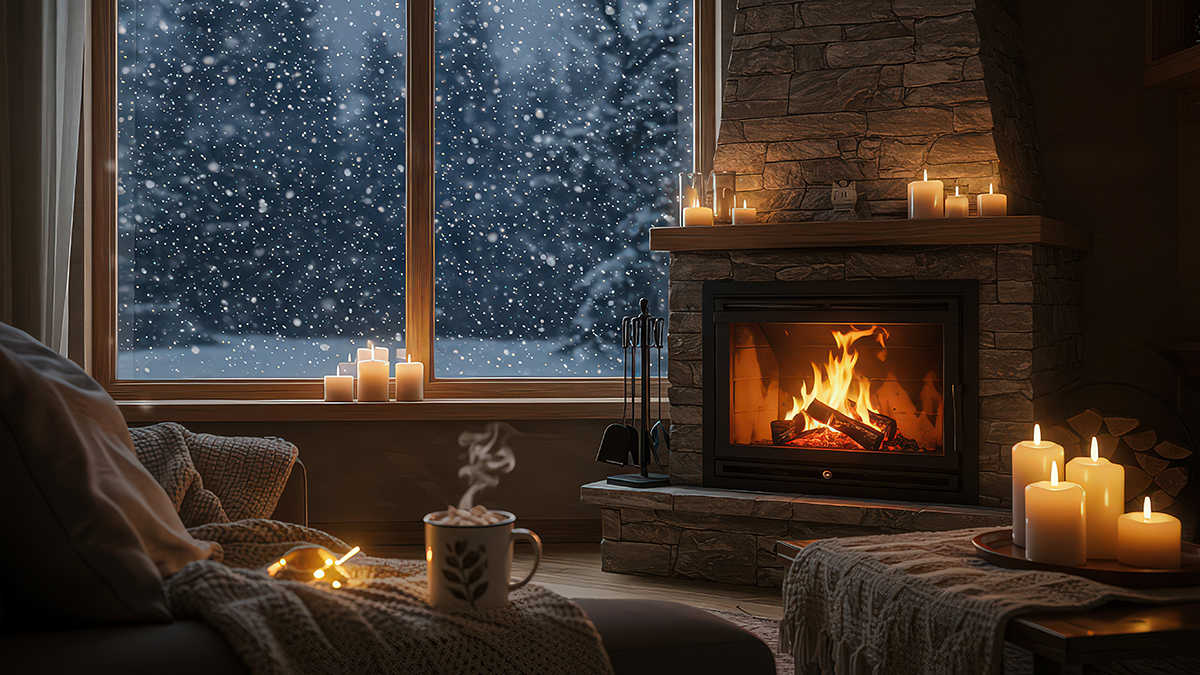Fireplace and candles burning in living room with snow falling outside window