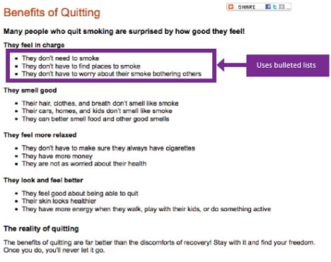 Screenshot of a website called "Benefits of Quitting"