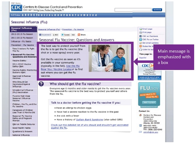 Screenshot of seasonal Flu site with area highlighted to show the Main Message.