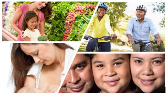 Pictures of different people doing different activities, breast feeding, biking, smiling and picking veggies.