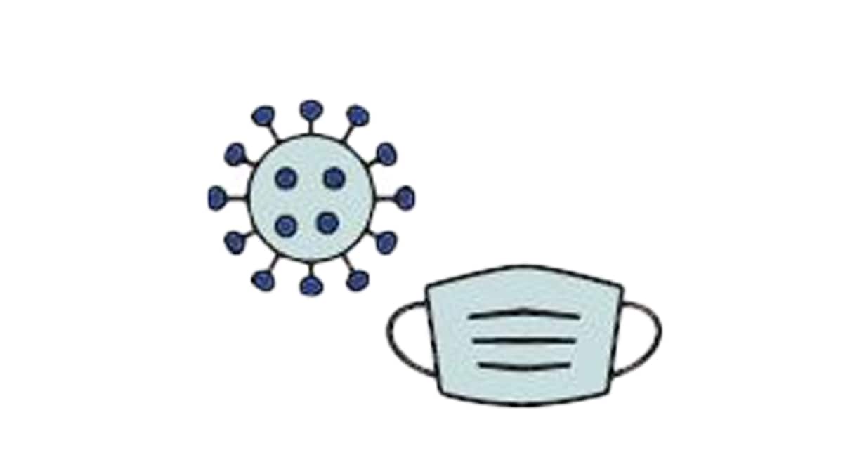 Blue mask outlined in black next to a coronavirus image with darker blue crowns.