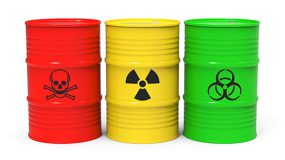 Different barrels with toxic waste on white background 3D rendering