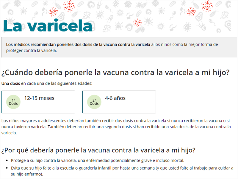 Sitio web de la vacuna (inyectable) contra la varicela