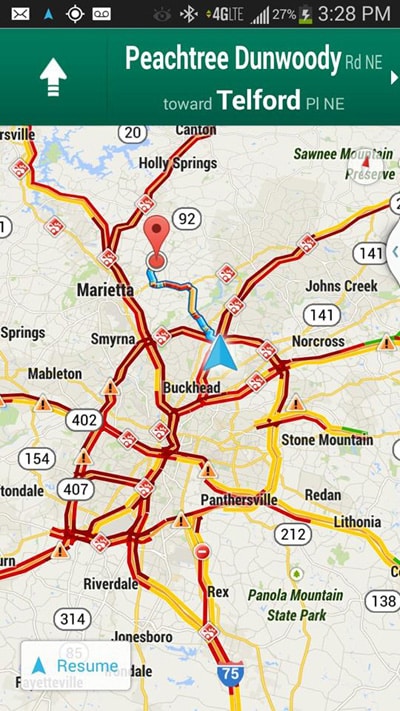 Map of Atlanta showing Jen's route home.