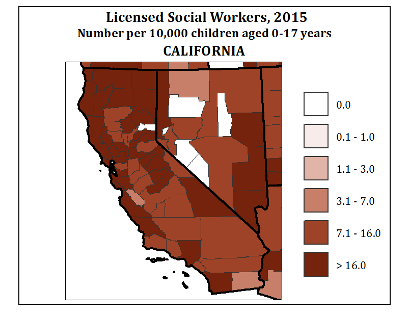 Licensed Social Workers, 2015 Number per 10,000 children aged 0-17 years