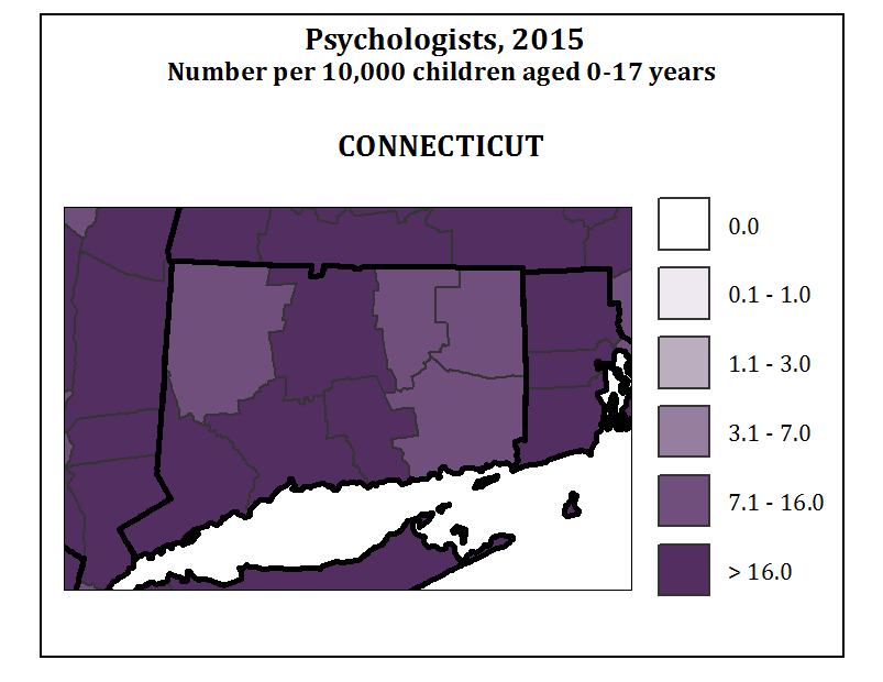 Psychologists, 2015 Number per 10,000 children aged 0-17 years