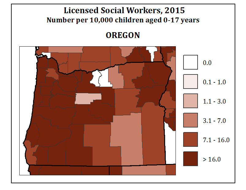 Licensed Social Workers, 2015 Number per 10,000 children aged 0-17 years