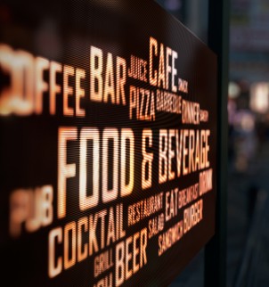 Sign advertising food and Alcohol