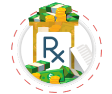 RX medicine bottle with bills and coins