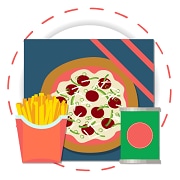 pizza, fries and canned food