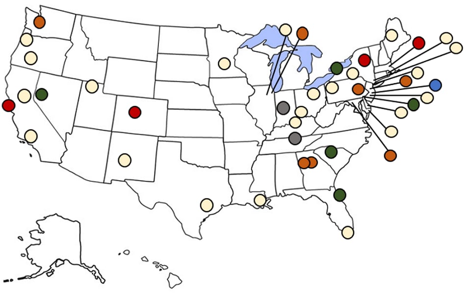 US map with SDoH community pilots recipients as shown in table below