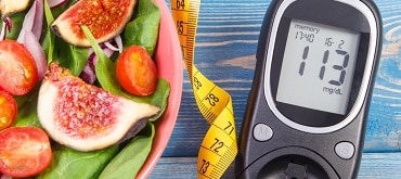 fruits, veggies, measuring tape, sugar level reading
