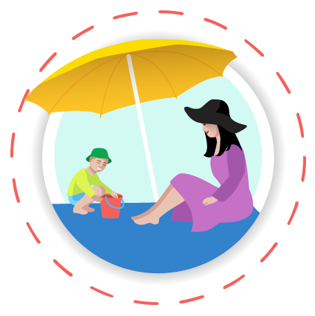 mother and child under beach umbrella