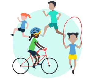 children biking, jumping rope, running